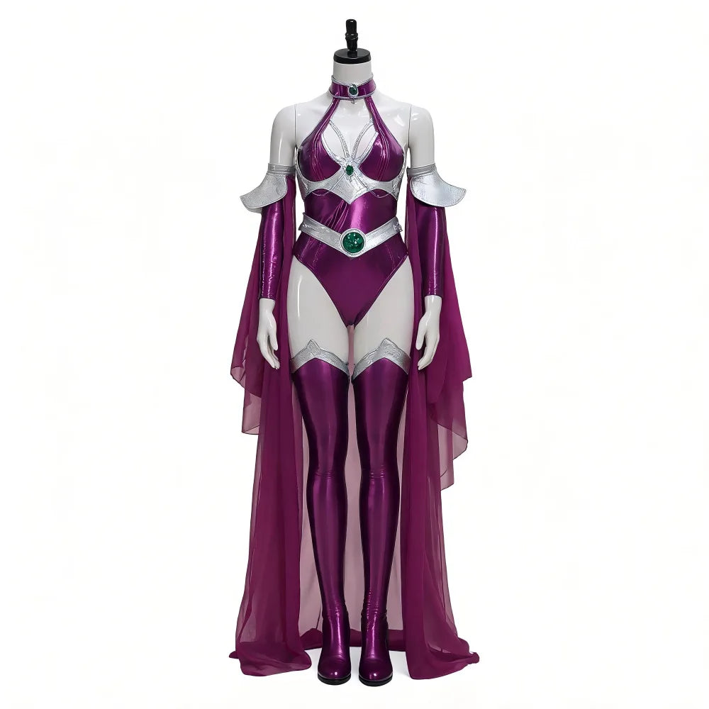 Womens Halloween Costume Shiny Metallic Purple Bodysuit Set Halter Jumpsuit With Long Chiffon Cape Halloween Party Fancy Costume