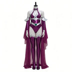 Womens Halloween Costume Shiny Metallic Purple Bodysuit Set Halter Jumpsuit With Long Chiffon Cape Halloween Party Fancy Costume