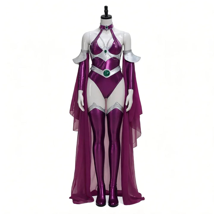 Womens Halloween Costume Shiny Metallic Purple Bodysuit Set Halter Jumpsuit With Long Chiffon Cape Halloween Party Fancy Costume