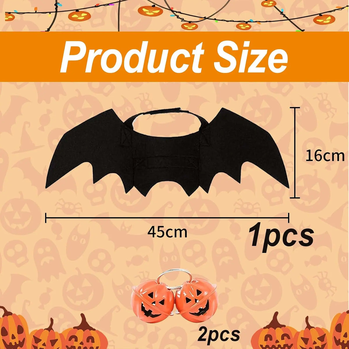 Halloween Pet Bat Wings Costume Cat Dog Clothes with 2 Pumpkin Bells Cosplay Outfit for Small Cats Dogs Party Dress Up Fun