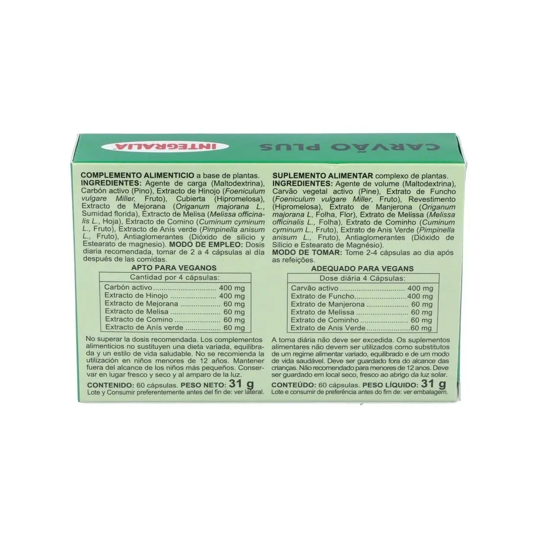 Integralia carbon plus 60 capsules |   Activated charcoal for digestion, gases and swelling |   Natural detox supplement
