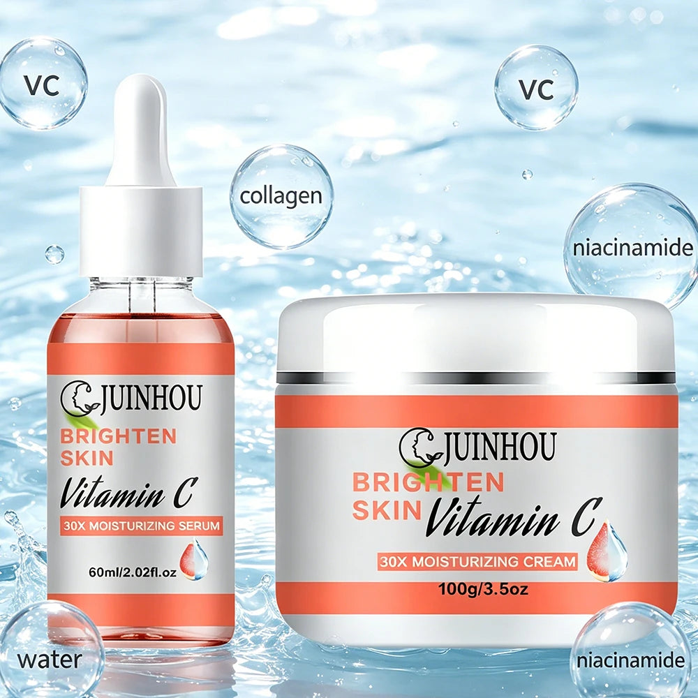 JUINHOU Vitamin C Skin Care Serum Cream Set Brighten Moisturizing Oil-Control Improve Uneven Skin Tone For Dull Skin Daily Care
