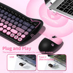 GEEZER Wireless Silent Keyboard Mouse Combo, Pink-Black Cat Ear Retro Round Keycaps US QWERTY Layout