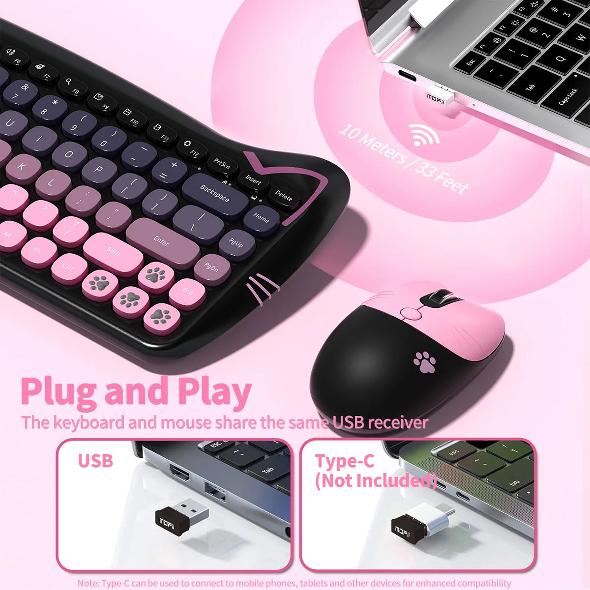GEEZER Wireless Silent Keyboard Mouse Combo, Pink-Black Cat Ear Retro Round Keycaps US QWERTY Layout