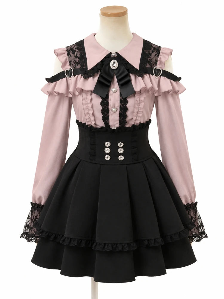 Y2k Aesthetic Lolita Style Bow Dress Shorts Set Japanese Women Gothic Lace Flare Sleeve Button Shirt Dress Punk Party Mini Dress