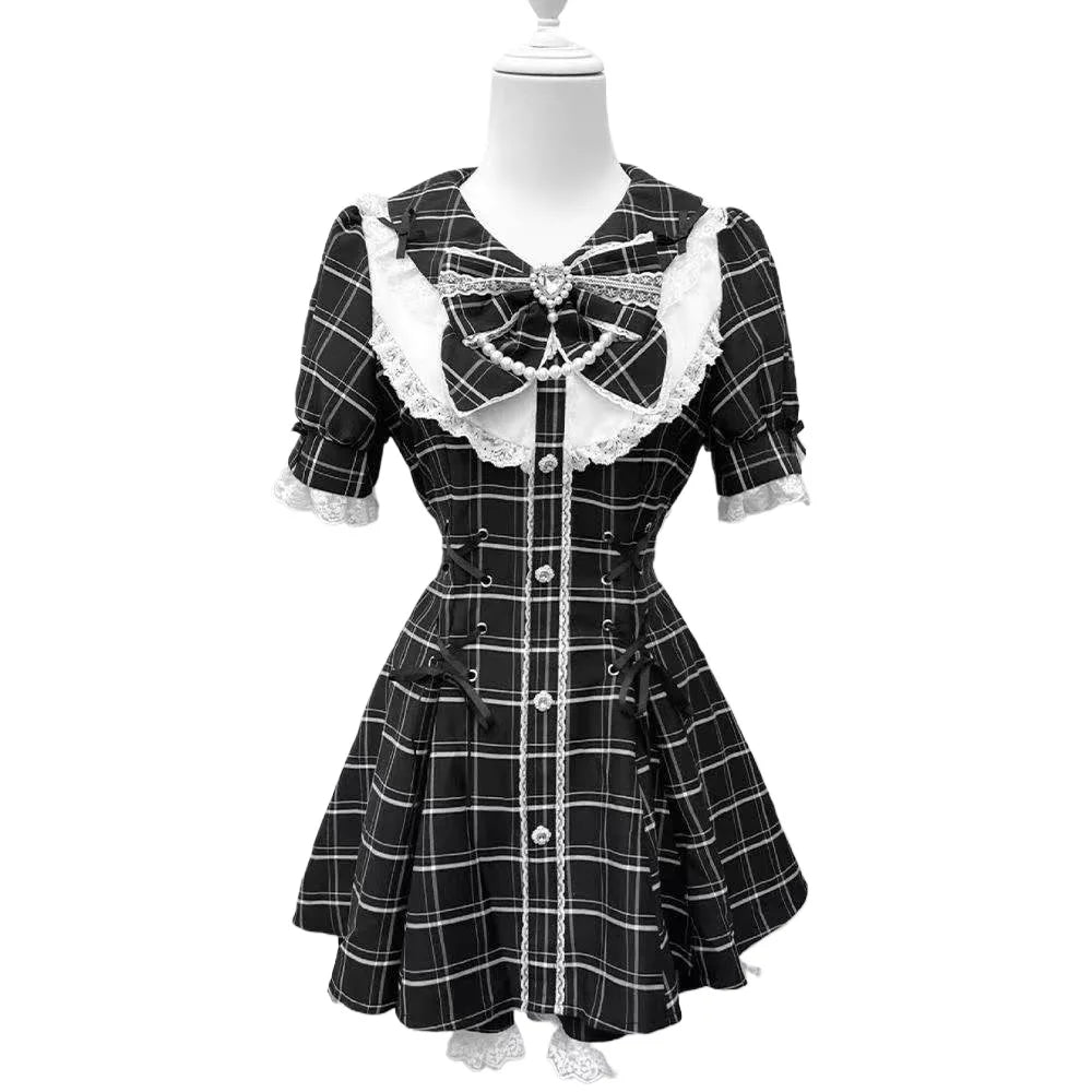 Y2k Aesthetic Lolita Style Bow Dress Shorts Set Japanese Women Gothic Lace Flare Sleeve Button Shirt Dress Punk Party Mini Dress