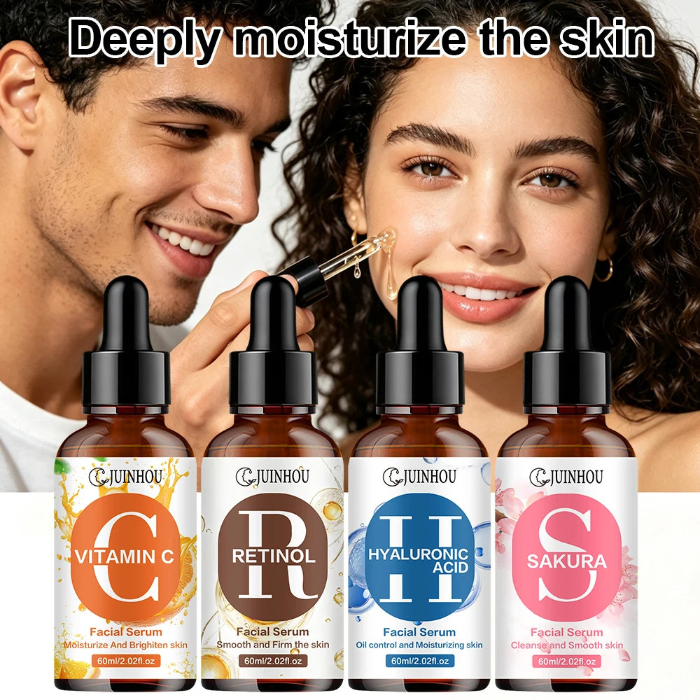 JUINHOU 4pcs Vitamin C + Retinol +Sakura + Hyaluronic Acid Serum Brightening & Hydration Combo Supple Skin For All Skin Type