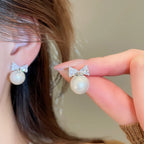 Sweet Shiny Bow Stud Earrings Women Zircon Pearl Small Earrings Elegant Delicate Versatile Christmas Party Jewelry Accessories