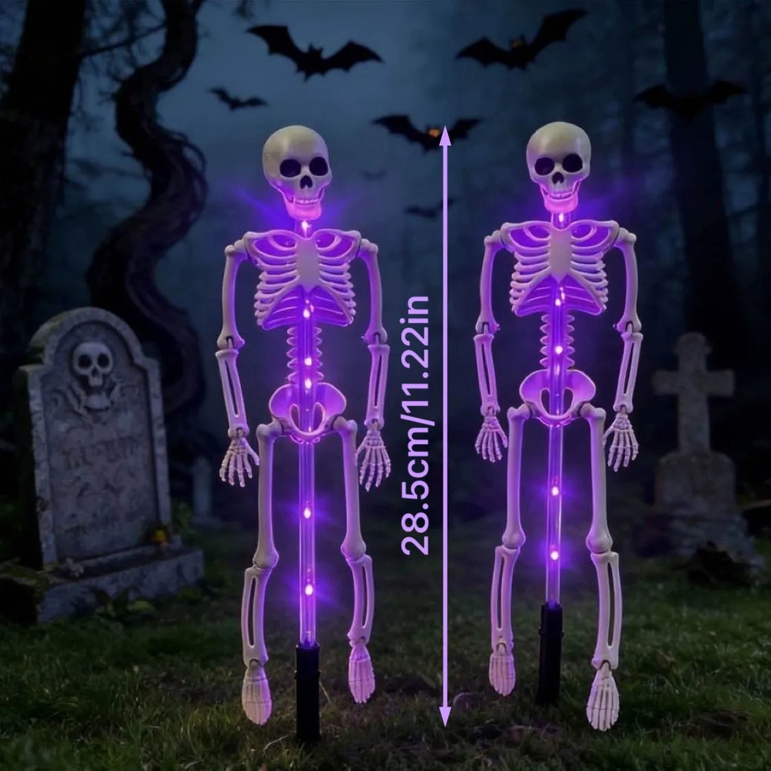2PC/Set Halloween Outdoor Solar Garden Lights Waterproof 3D Horror Bat Skeleton Purple Orange Stake Lights House Party Decor