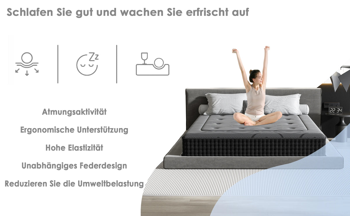 Dewinner Hybrid Mattress with Pocket Springs, 30 cm Height, Memory Foam Support, Medium Firmness, 7 Comfort Zones, Perfect Support, Reinforced Edges, Oeko-Tex Certified