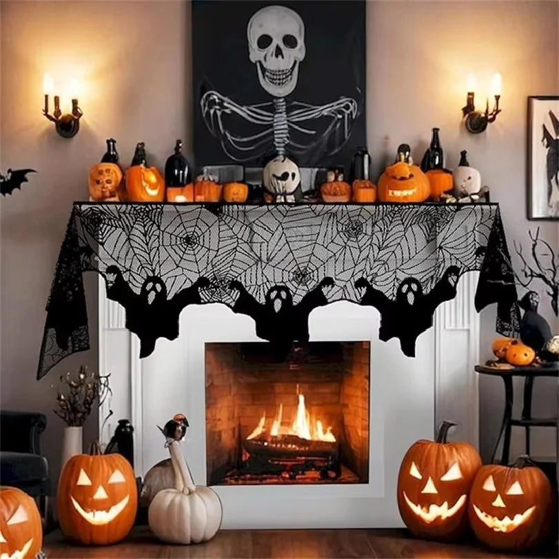 1pc Halloween Lace Mantel Scarf Spider Web Ghost Edge Fireplace Table Runner Decor, Party Atmosphere Decorative Tablecloth