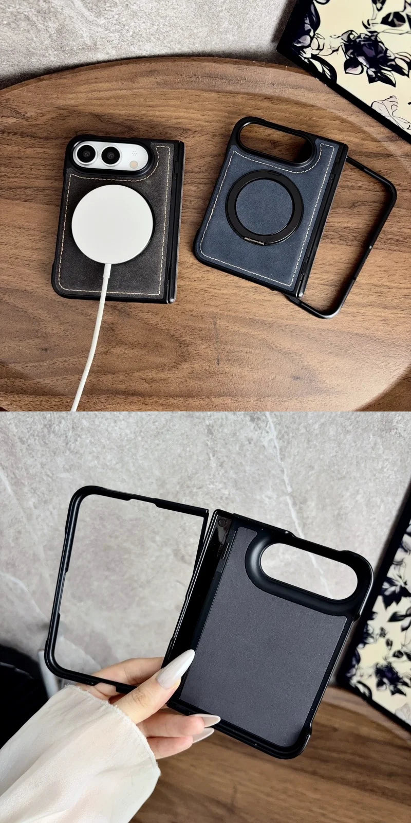 For iPhone Duo Fold Case Luxury PU leather Magnetic rotate stand Protective Back Cover For iPhone 18 Fold Phone Shell Funda