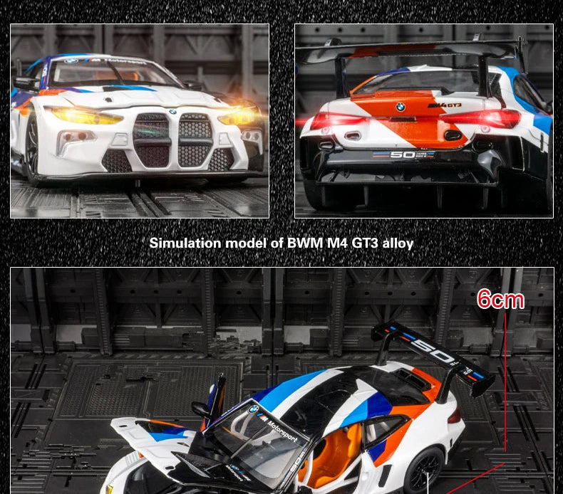 1:24 BMW M4 GT3 Alloy Sports Car Model Diecast Metal Toy Car Vehicles Model Simulation Sound and Light Collection Childrens Gift