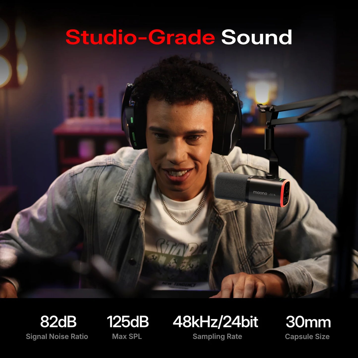 MAONO PD100W Wireless Dynamic Microphone Cardioid Dynamic Mic 50m Range One-Touch Noise Reduction RGB for Gaming Live Streaming