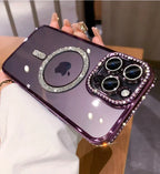 New Fashion Glitter Diamond Transparent Case For iPhone 16 15 14 13 17 12 18 Pro Max Plus Magnetic Wireless Charge Bumper Cover