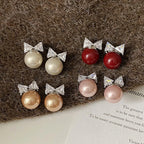 Sweet Shiny Bow Stud Earrings Women Zircon Pearl Small Earrings Elegant Delicate Versatile Christmas Party Jewelry Accessories