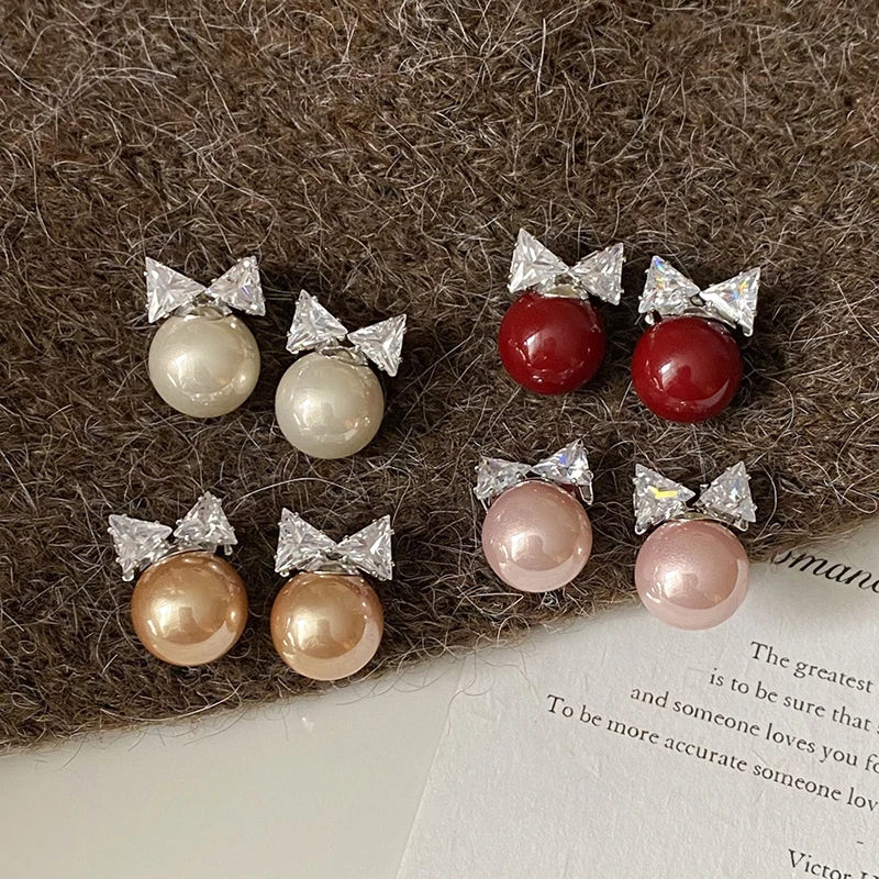 Sweet Shiny Bow Stud Earrings Women Zircon Pearl Small Earrings Elegant Delicate Versatile Christmas Party Jewelry Accessories