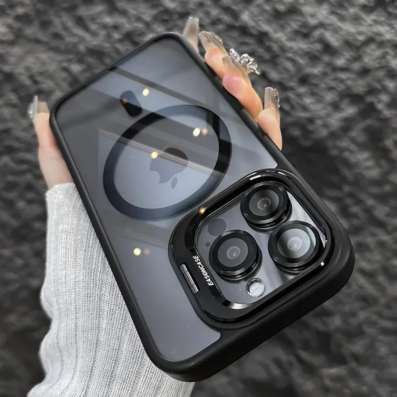Luxury Magnetic Shockproof Phone Case For iPhone 16 15 14 13 12 17 18 Pro Max For Magsafe Funda Stand Glass Lens Protector Cover