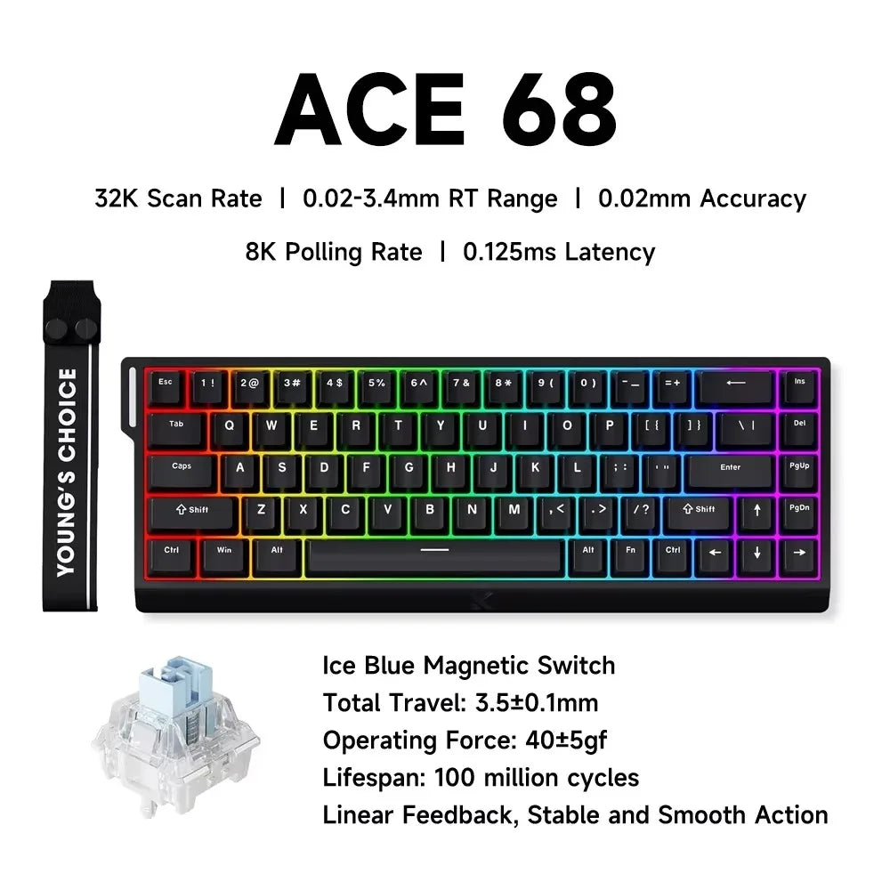MCHOSE ACE 68 Magnetic Switch Gaming Keyboard Hall Effect Rapid Trigger Programmable RGB 8K Hz DKS/MT/TGL/RS/SOCD Keyboard ﻿