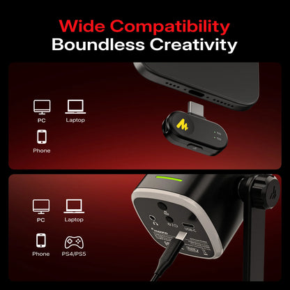 MAONO PD100W Wireless Dynamic Microphone Cardioid Dynamic Mic 50m Range One-Touch Noise Reduction RGB for Gaming Live Streaming