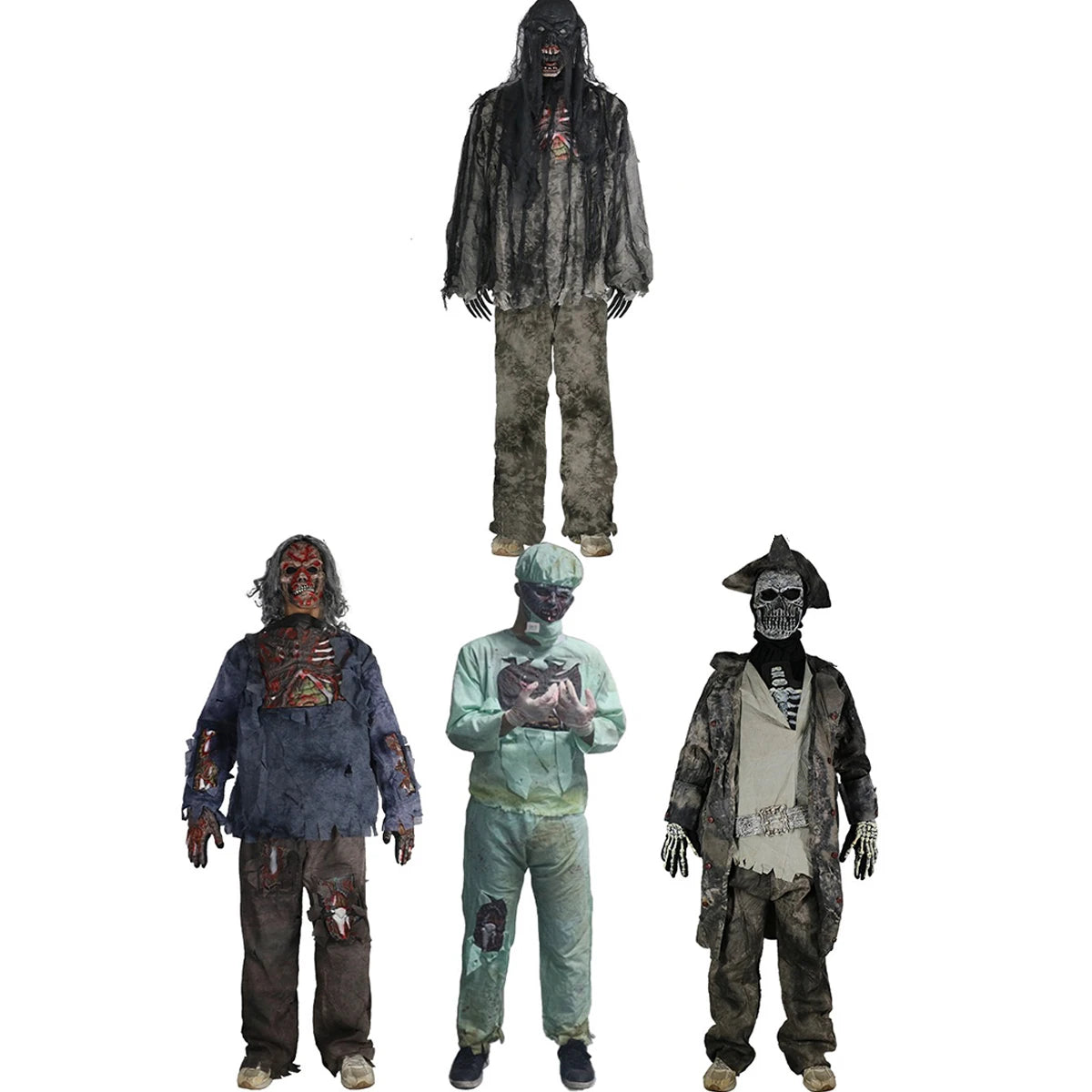 Kids & Adults Zombie Cosplay Costume, Scary Horror Bloody Skeleton  Outfit with Mask Gloves, Halloween Carnival Fancy Dress