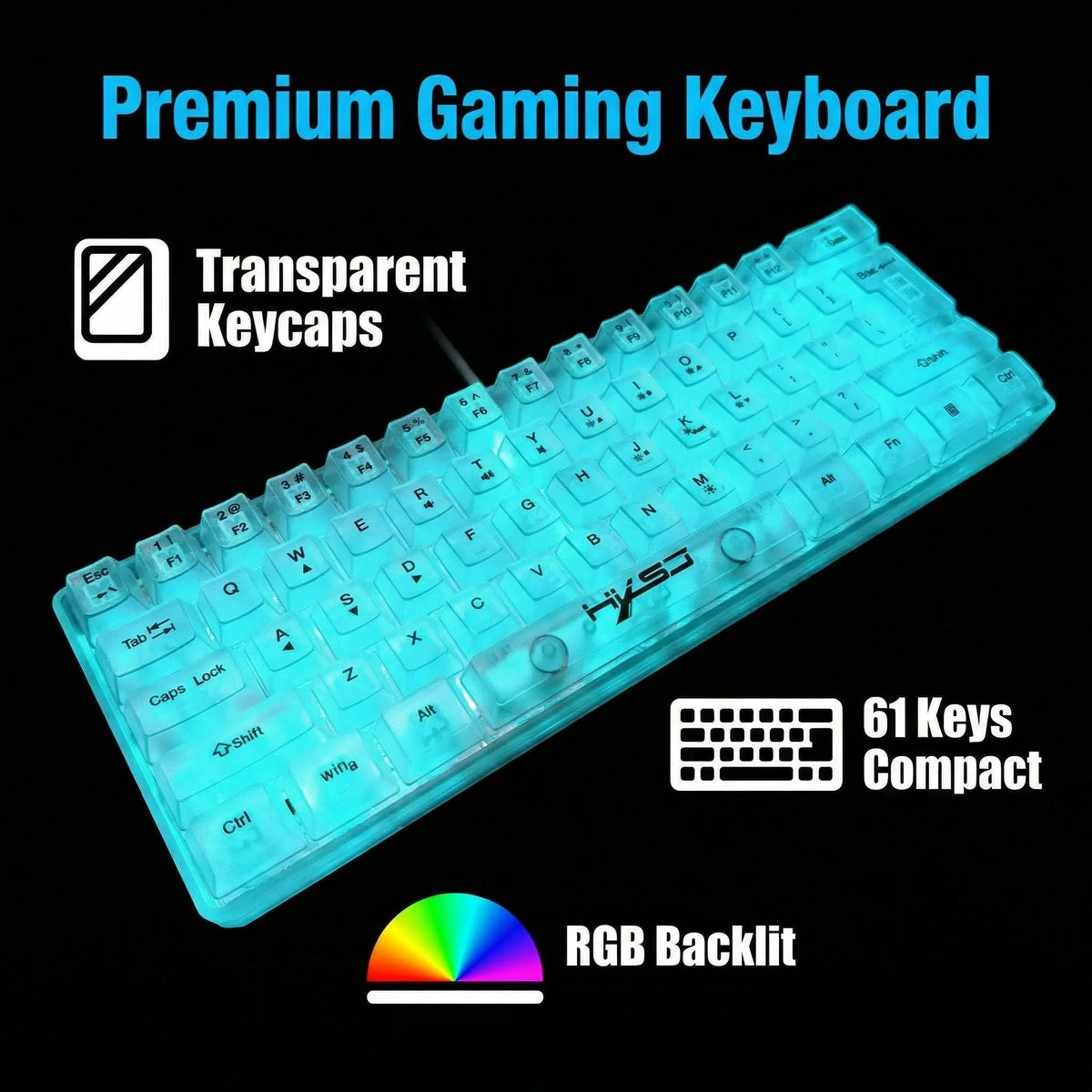 61-Key Fully Transparent Wired Gaming Keyboard with RGB Backlight, Ergonomic Design, Portable and Ultra-Compact 60% Mini Film Ke