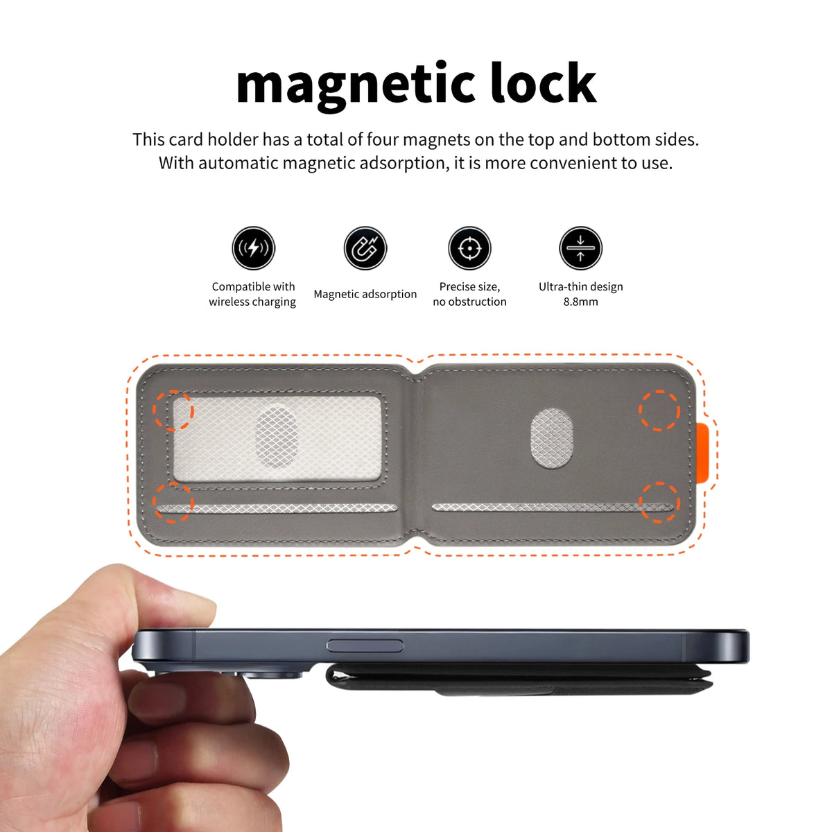 Premium PU Leather Magnetic Phone Card Holder, RFID Anti-Skimming Wallet Compatible with Magnetic Wireless Charging Smartphones,