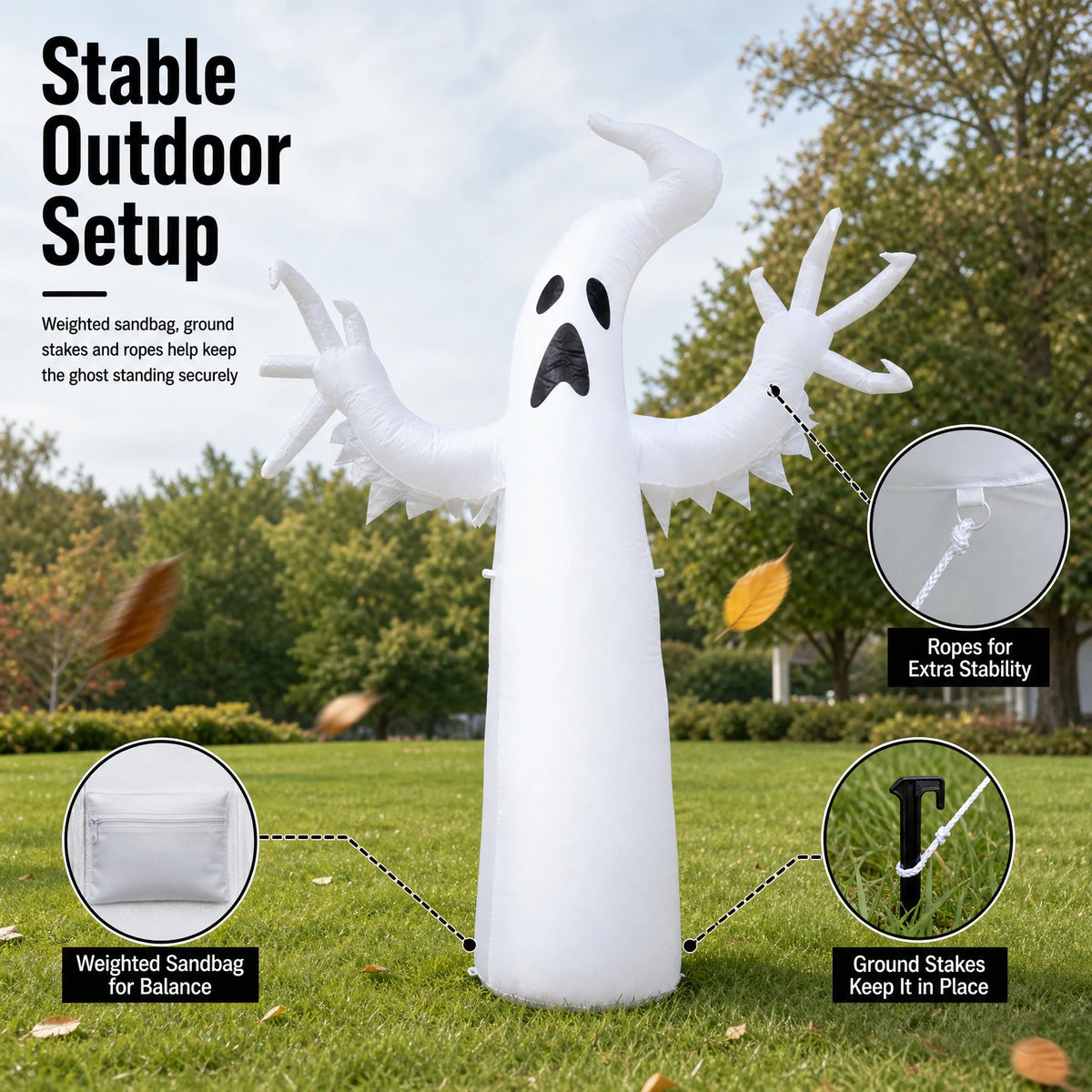 Large Inflatable Halloween Ghost Decor, Standing Ghost Yard Decoration, PVC Outdoor Lawn Garden Halloween Party Display Prop