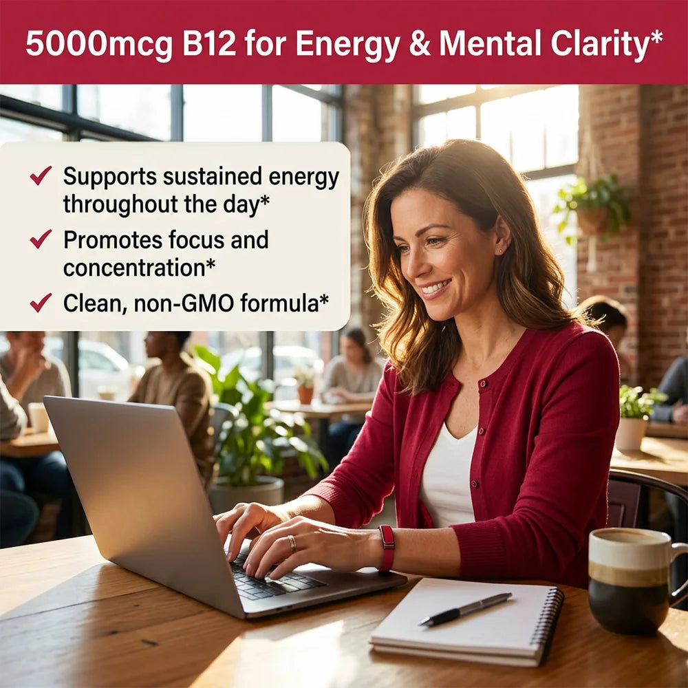Vitamin B12 with Collagen,  Hyaluronic Acid - Supports Energy, Focus, Mood, Nervous System & Immune Health, Relieves Fatigue