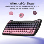 GEEZER Wireless Silent Keyboard Mouse Combo, Pink-Black Cat Ear Retro Round Keycaps US QWERTY Layout