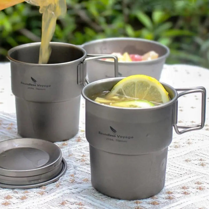 Pure Titanium Camping Cup with Lid Foldable Handle Lightweight Single Wall Mug Open Fire Coffee Tea Cup for Hiking Backpacking