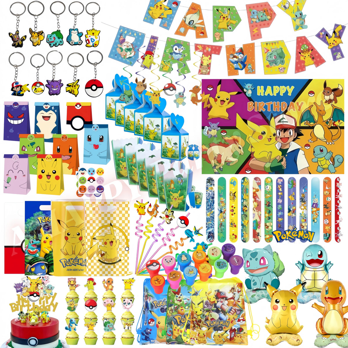 PokeMoned Theme Party Favors Slap Bracelets Stickers Keychain Party Gifts Goodie Bag Stuffers Fillers Birthday Party Decorations