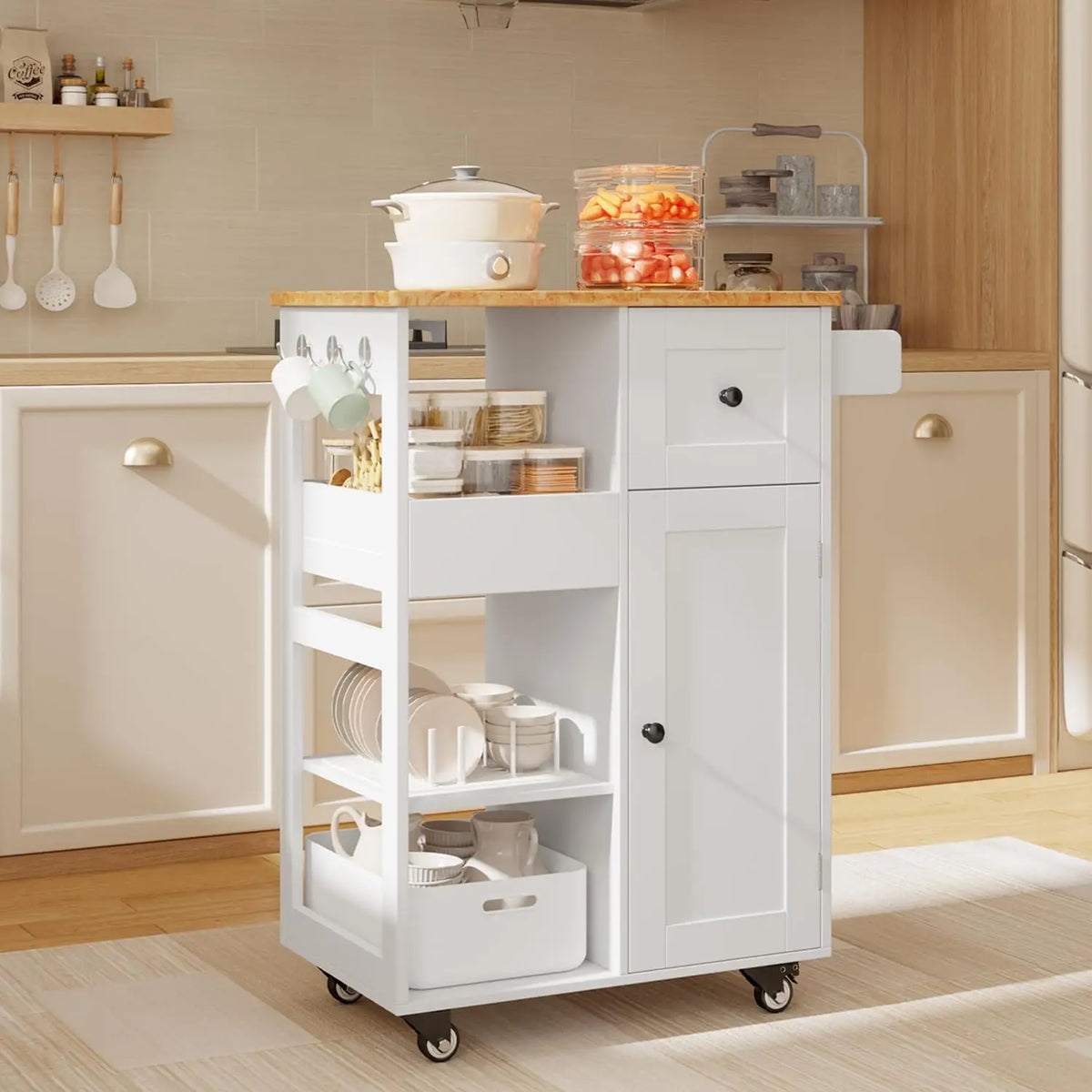 Kitchen Island Cart with Thickened Wooden Countertop, Rolling Cabinet with Drawers & Shelves for Dining Room, Black, Customized