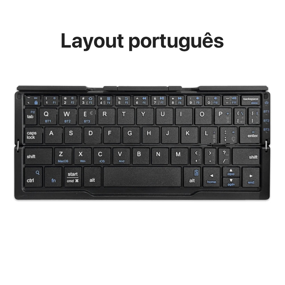 Neue Mini faltbare Bluetooth-Tastatur, kabellose Tastatur, unterstützt 3 Geräte mit Ständer, wiederaufladbar für Telefon, Tablet, portugiesische Tastatur