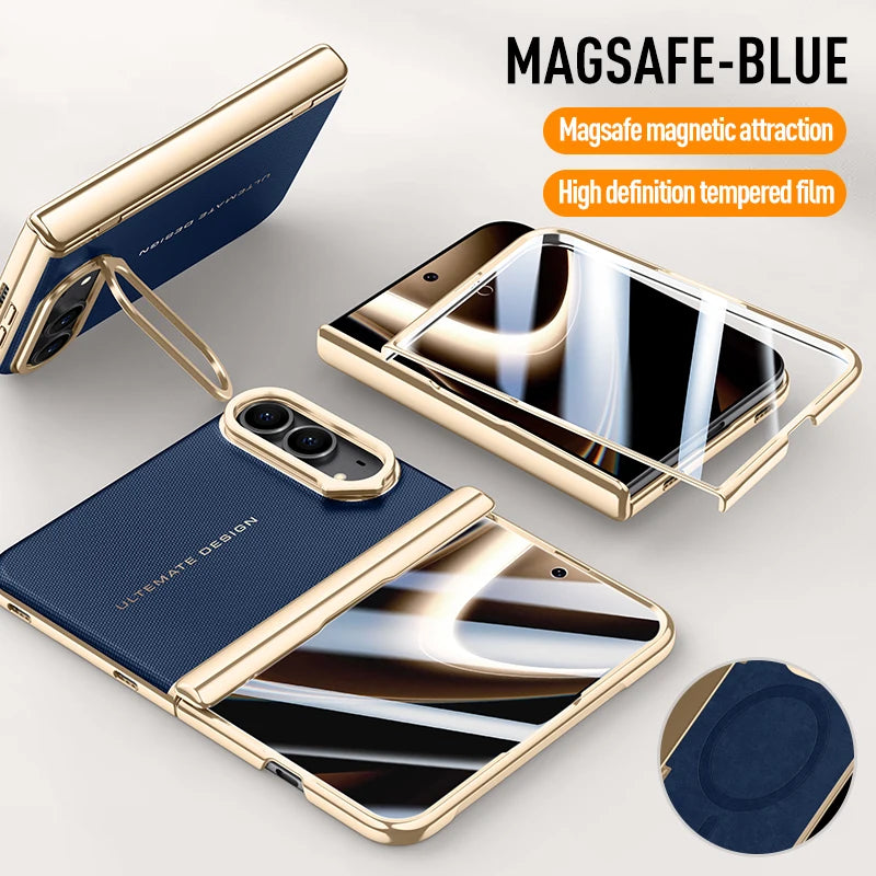 For iPhone Duo Case Electroplated Matte Leather Folding Hinge With Tempered Film Lens Bracket Shockproof Back Cover Accessories