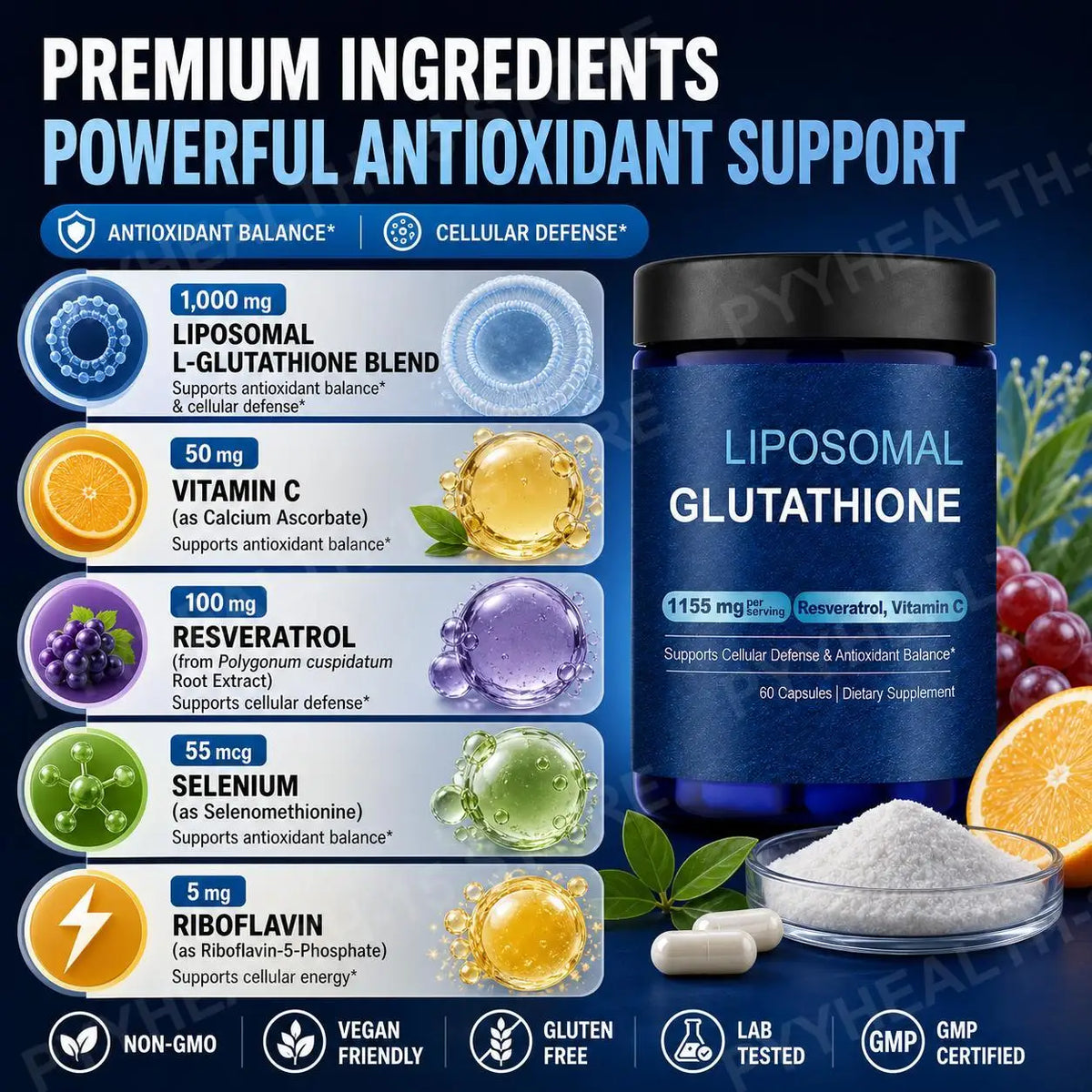 Liposomal Glutathione Capsules with Resveratrol and Vitamin C for Antioxidant Balance and Cellular Defense Support, 60 Capsules