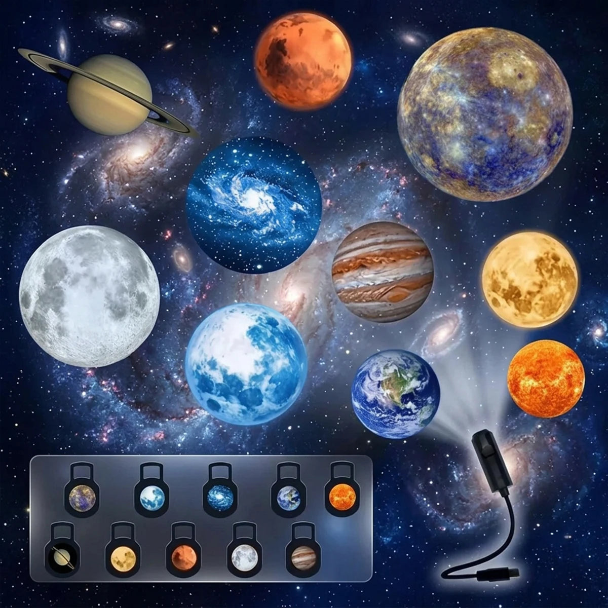 USB Starry Sky Projector Lamp 360° Rotatable Flexible Hose Planet Galaxy Projection Light with 17/12 Pcs Film Slides Bedroom