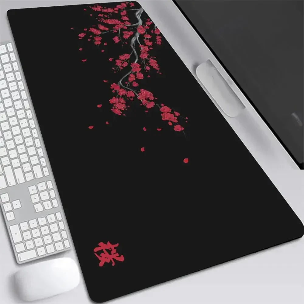 Alfombrilla de ratón XXL japonesa de flor de cerezo, gris, para laptops, escritorio de juego, sakura, anime, alfombra de oficina, gamer, teclados, computadoras y escritorios