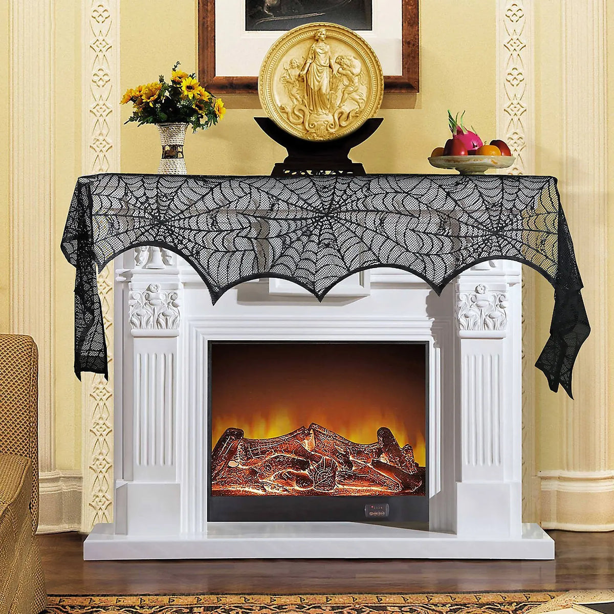 Halloween Table Runner Tablecloth Spider Web Halloween Black Fireplace Mantel Cover for Home Party Halloween Decoration