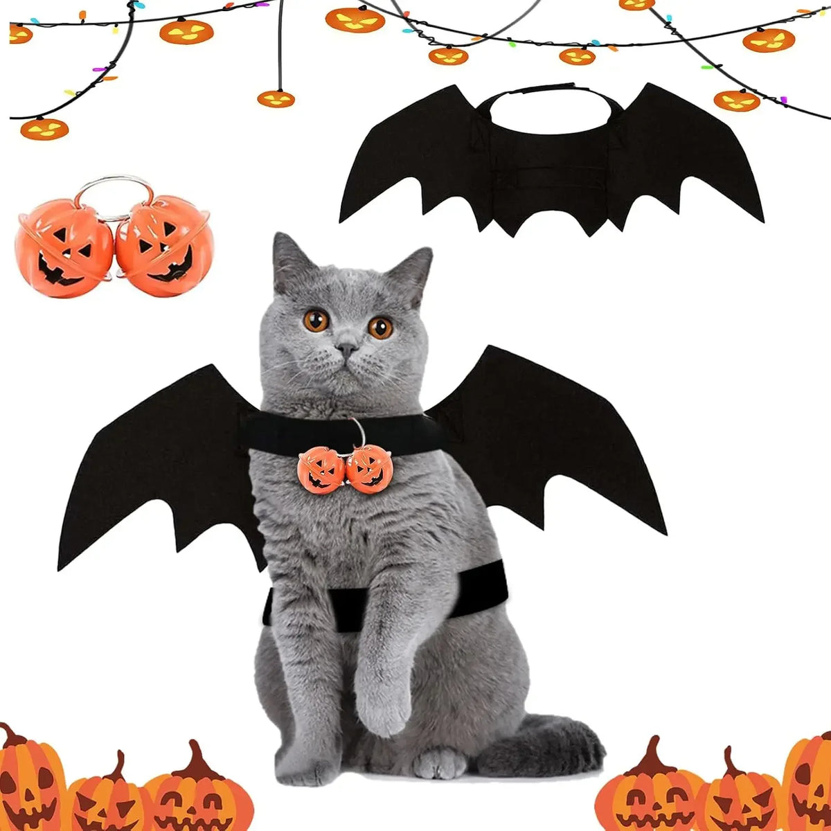 Halloween Pet Bat Wings Costume Cat Dog Clothes with 2 Pumpkin Bells Cosplay Outfit for Small Cats Dogs Party Dress Up Fun