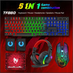 2026 NEW 5-in-1 Set Gaming Combo Keyboard 4-color Breathing Light Mouse 3.5mm Gaming Headset Gaming Speaker Anti-slip Mouse Pad