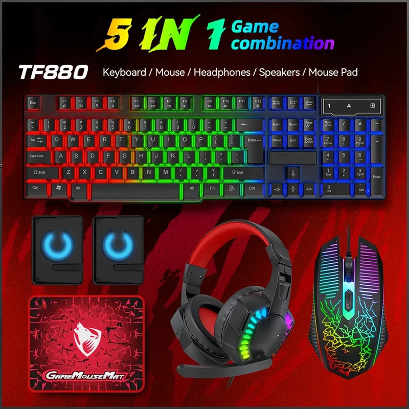 2026 NEW 5-in-1 Set Gaming Combo Keyboard 4-color Breathing Light Mouse 3.5mm Gaming Headset Gaming Speaker Anti-slip Mouse Pad