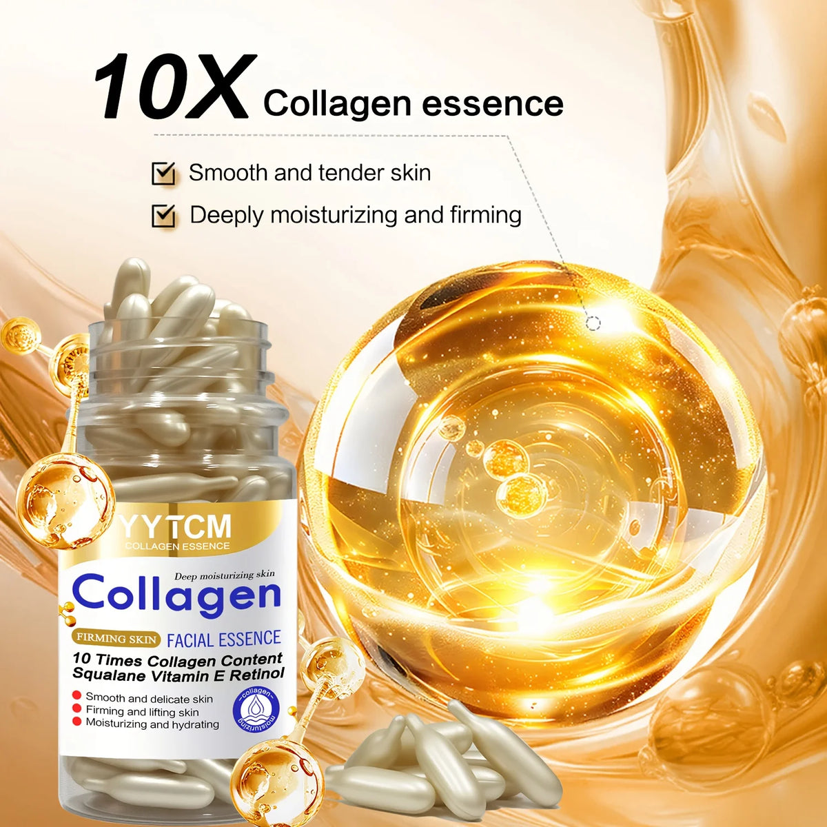 Collagen Firming Capsule Essence, Moisturizing and Smoothing the Skin, Contains Plant-Based Squalane, Retinol, and Vitamin E Deep Hydration Essence (0.4Gx90 Capsules)/Bottle-1 Bottle