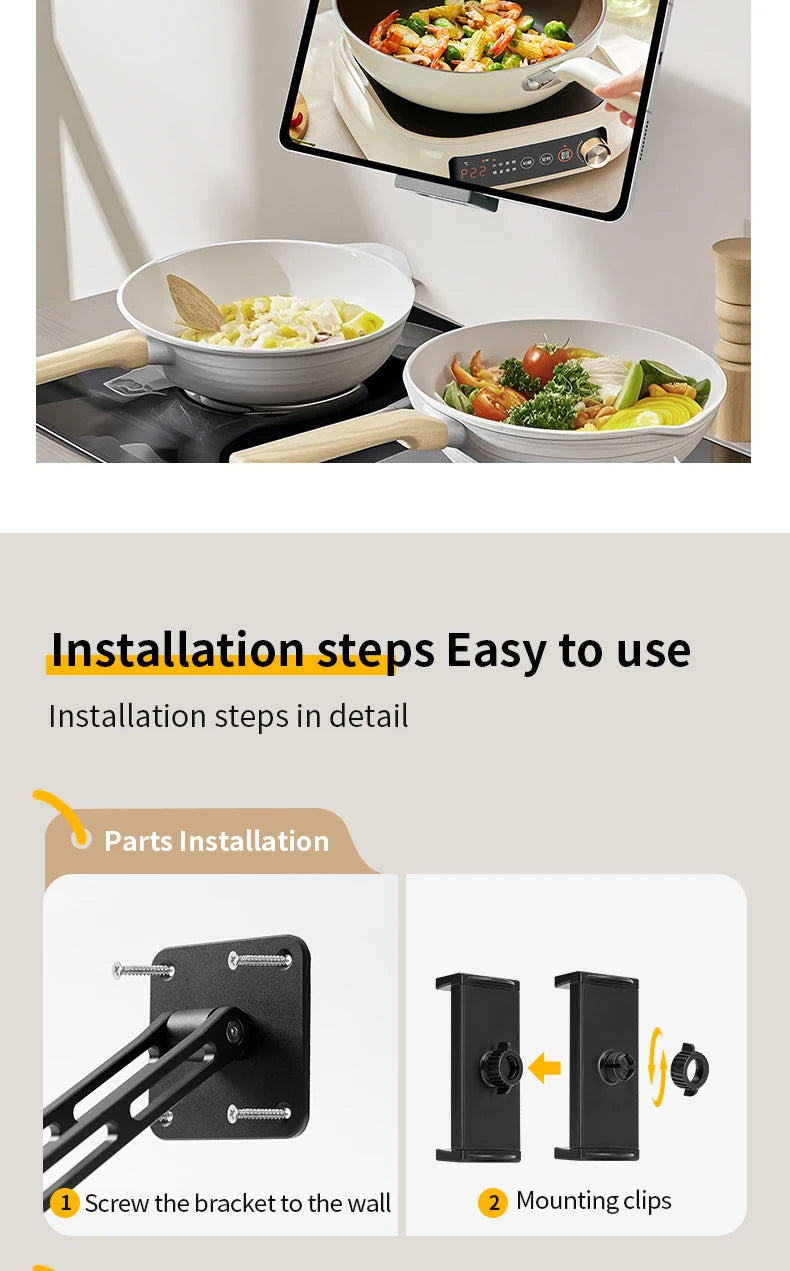 Adjustable Tablet and Phone Wall Mount Long Arm 360 Degree Rotating Holder