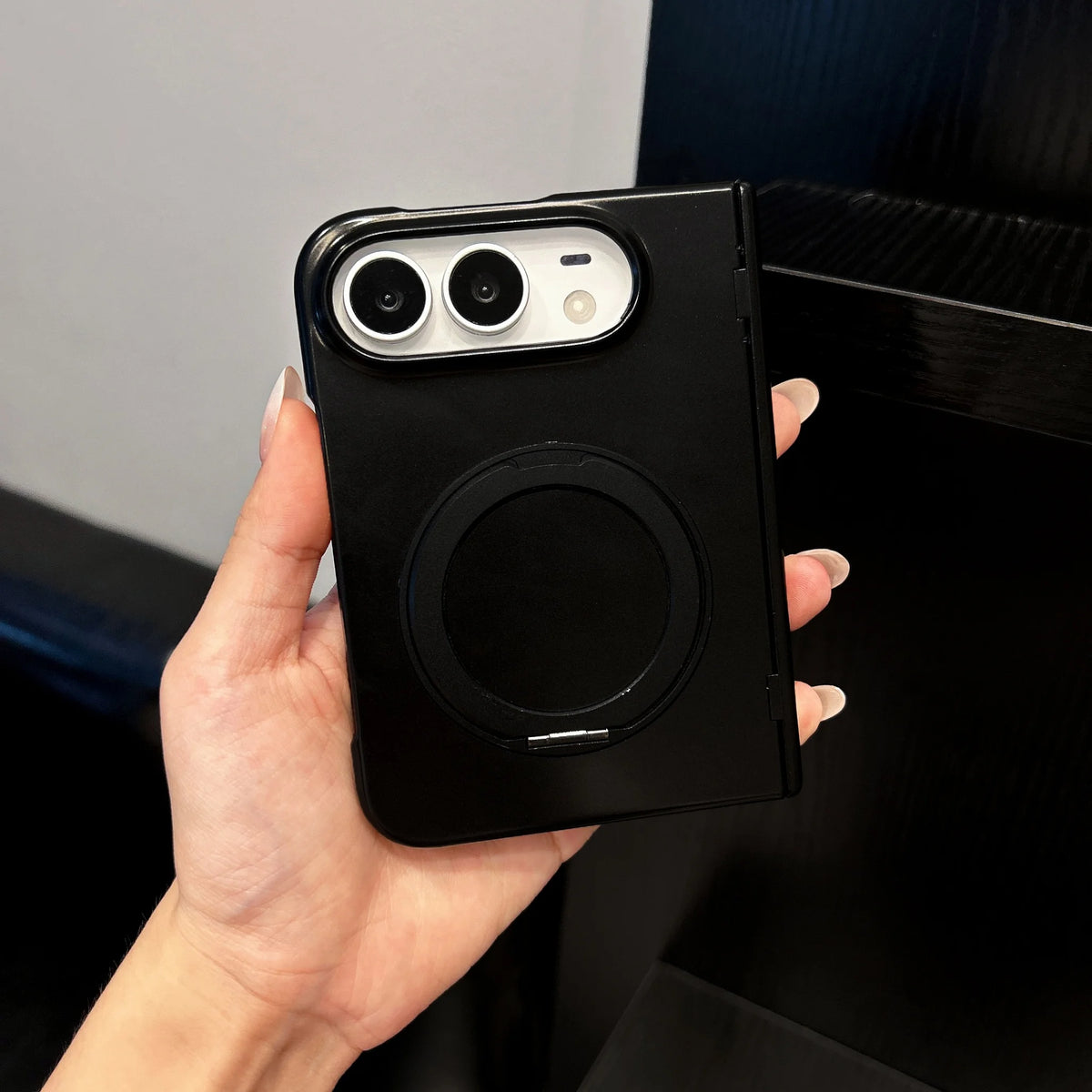 For iPhone 18 DUO Magnetic 360 Bracket Case for iPhone DUO 18 Fold Metallic Paint Spring Axis Protection Wireless Charging Cover