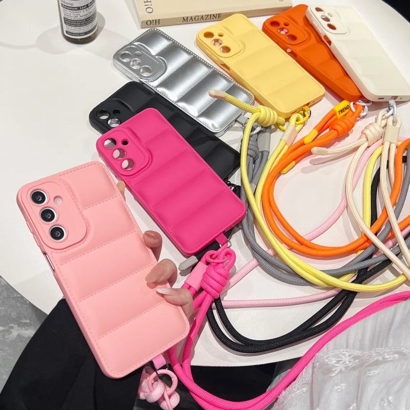 Fashion Down Jacket Lanyard Crossbody Case For Samsung Galaxy A56 A36 A26 A16 A55 A35 A54 A53 A52 A34 A33 Long Strap Soft Cover