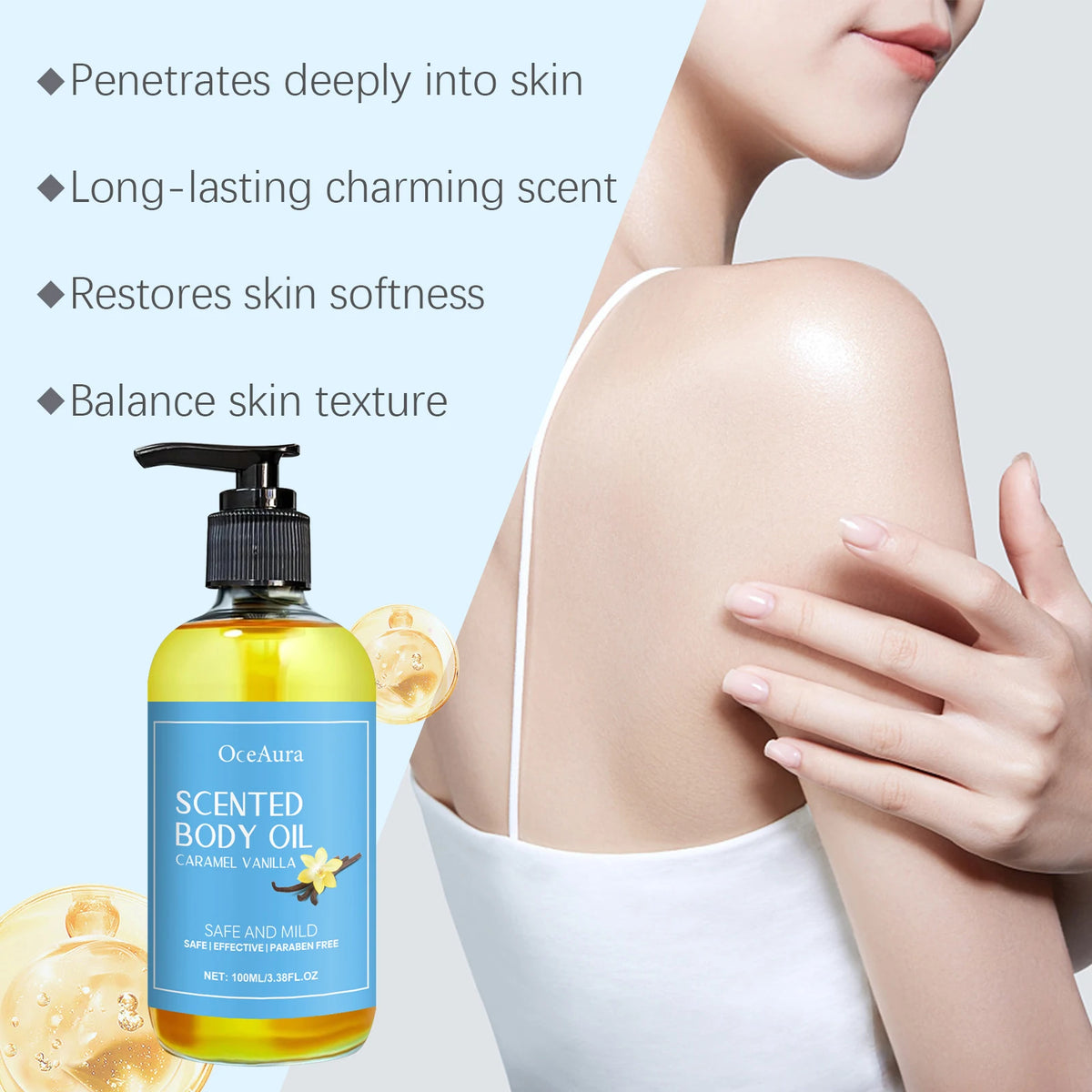 Caramel Vanilla Body Massage Oil Moisturizing Nourishing Smoothing Skin Care Relieve Stress Muscle Relaxing Body SPA Oils