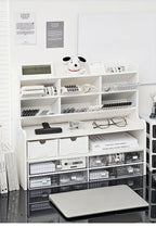 1PC 2-Tier Desk Organizer & Drawer Storage|With Tilt Pen Holder, Raised Bookshelf |Matte White PVC For Stationery, Cosmetics, O