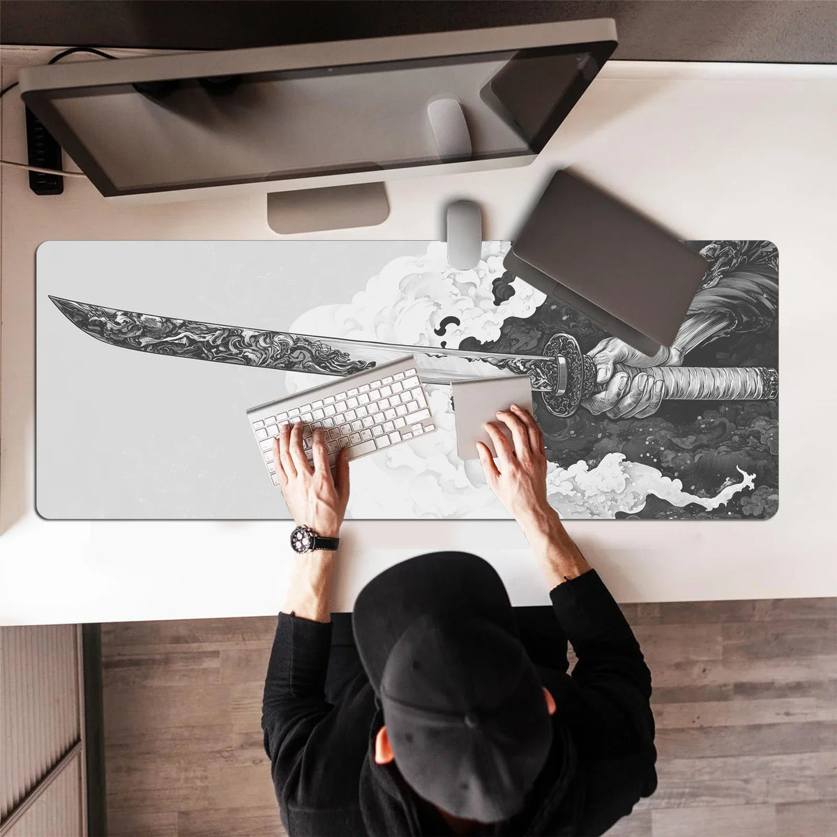 Black And White Comic Wind Sword Model Keyboard Mouse Pad Desk Mat Gaming Mouse Pad Non Slip Rubber Base Stitched Edges