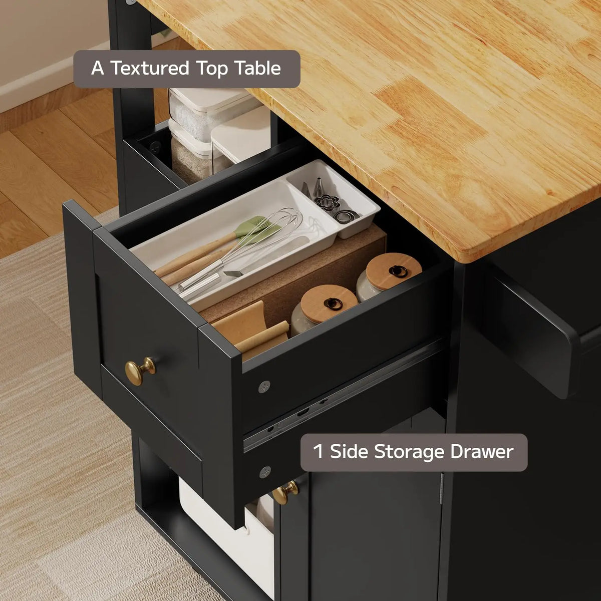 Kitchen Island Cart with Thickened Wooden Countertop, Rolling Cabinet with Drawers & Shelves for Dining Room, Black, Customized